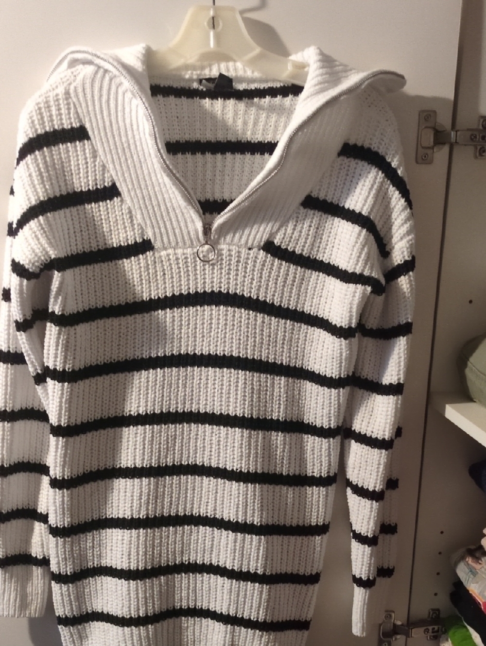 Derek Heart White and Black Striped Half-Zip Turtleneck Sweater